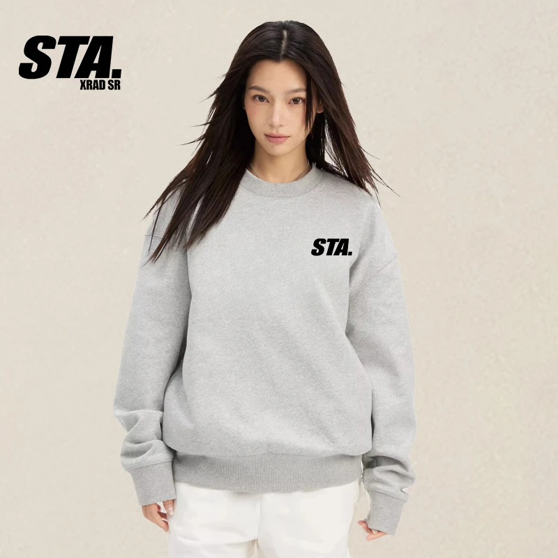 STA.美式圆领男士卫衣春秋爆款2025灰色新款重磅国潮宽松休闲长袖