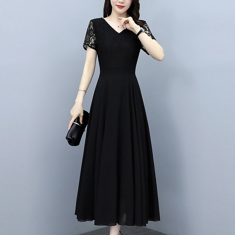 黑色蕾丝连衣裙女夏2025新款大摆气质雪纺沙滩裙海边度假仙女长裙