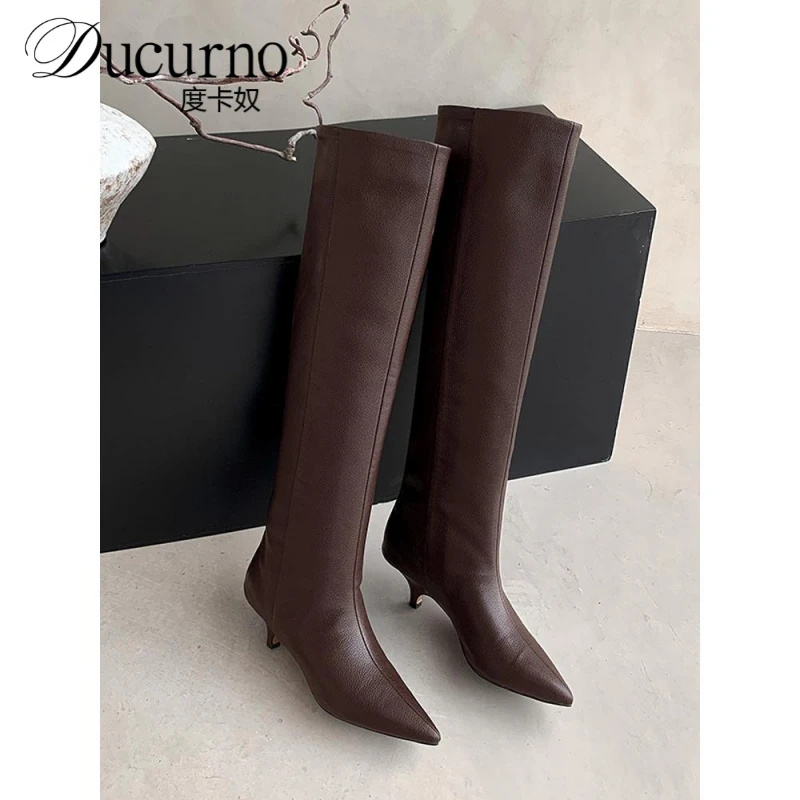 尖头覆古细跟高筒长靴秋冬真皮高跟百搭一脚蹬大筒围骑士靴靴子