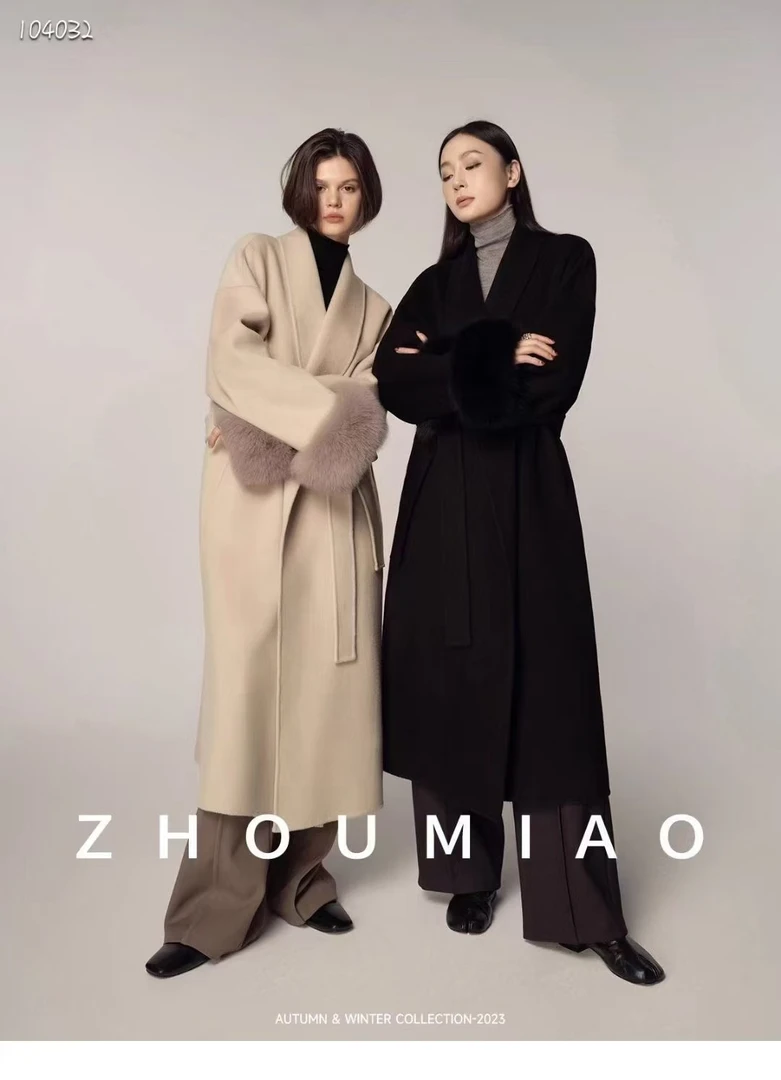 2025冬款100绵羊毛双面呢大衣可拆卸真狐狸毛羊毛呢外套中长款女