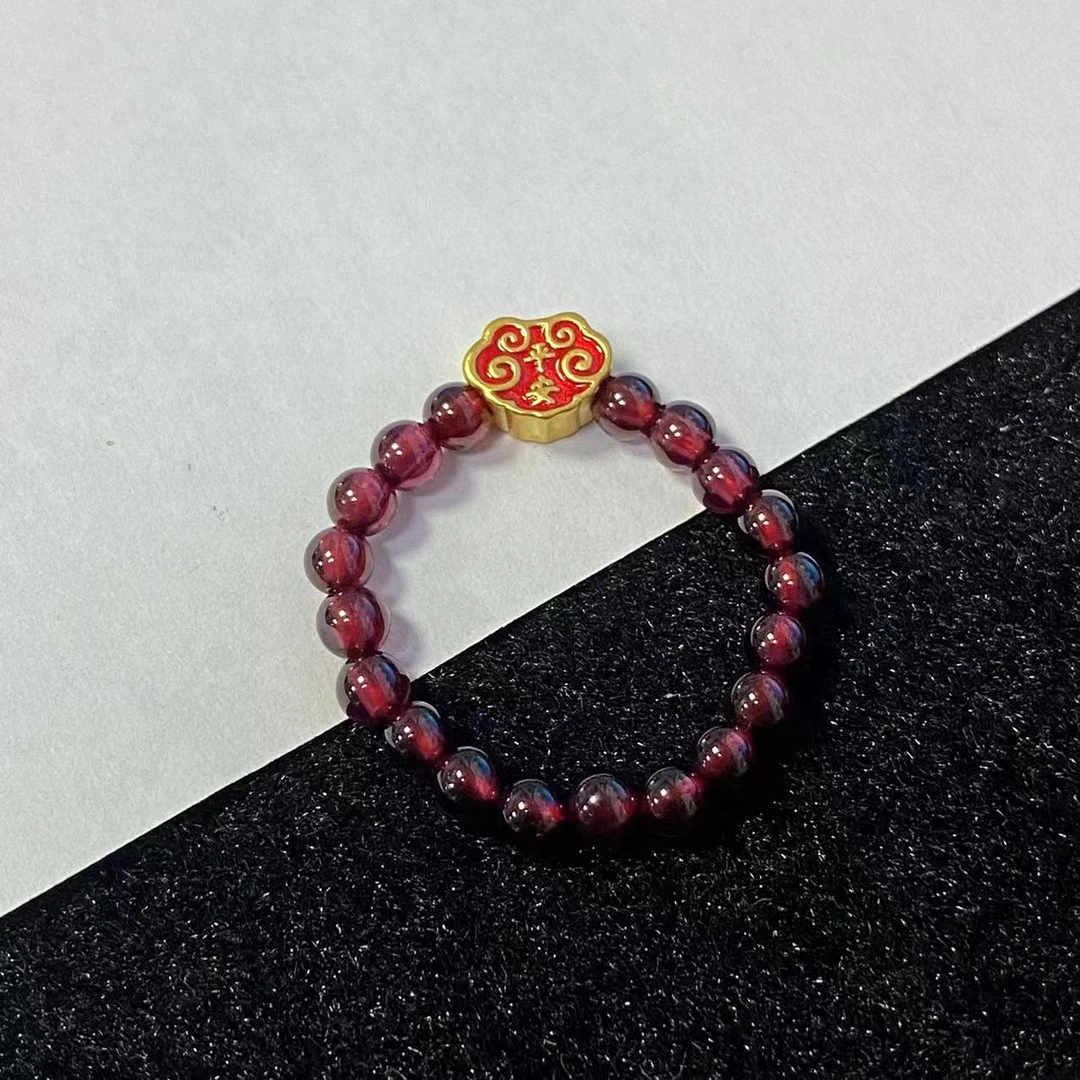 玖凤 足金999烧蓝款平安锁石榴石戒@@A125