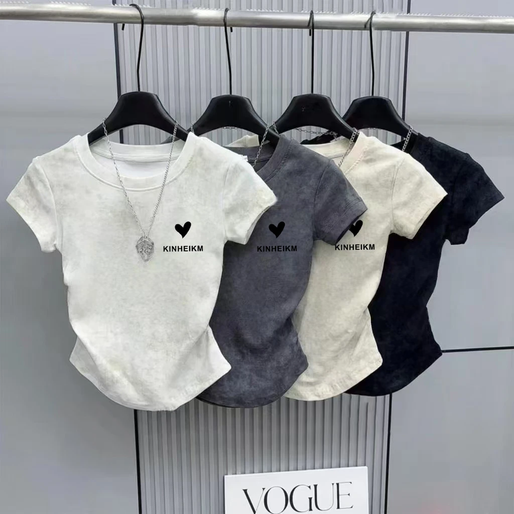 正肩圆领扎染短袖2025年夏季显瘦褶皱收腰t恤百搭时尚别致上衣女