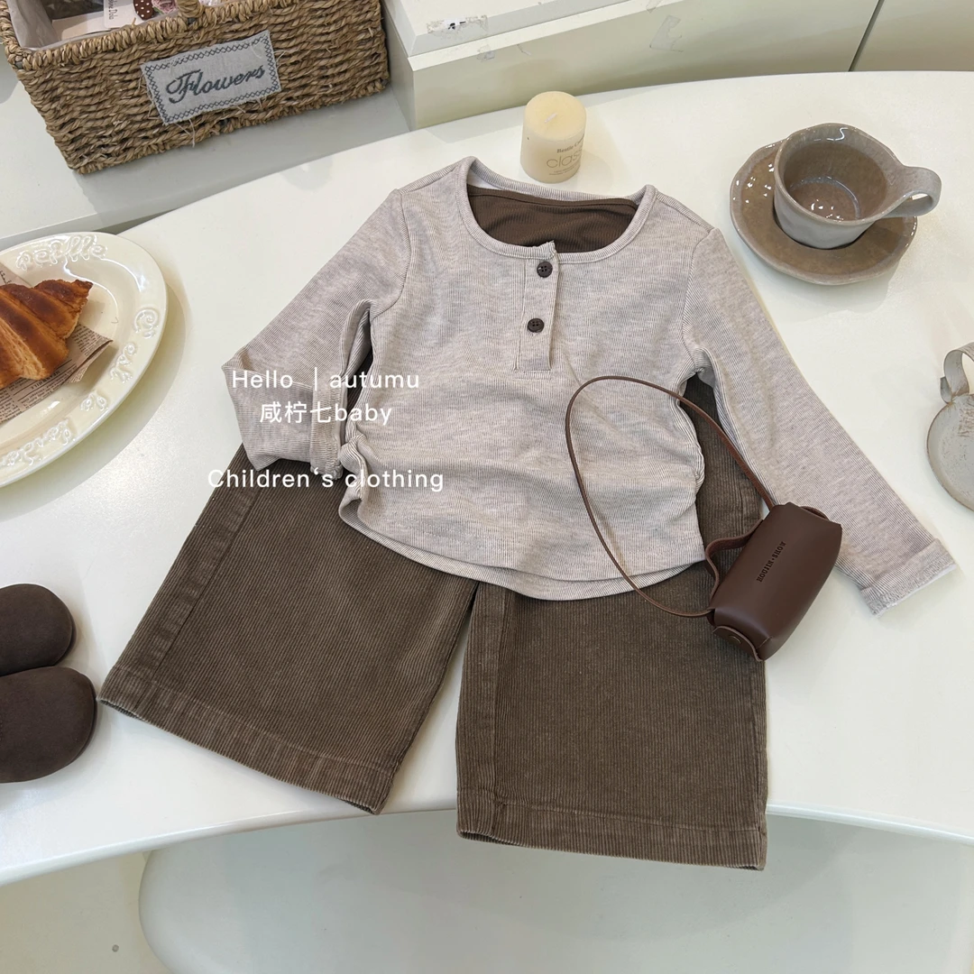 现【单】秋款假两件宝宝长袖打底衫女时髦洋气婴儿t恤+卡其色阔腿裤