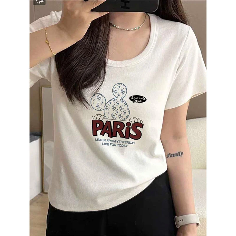 正肩圆领螺纹修身短袖t恤女2025夏季新款洋气小众别致印花上衣潮