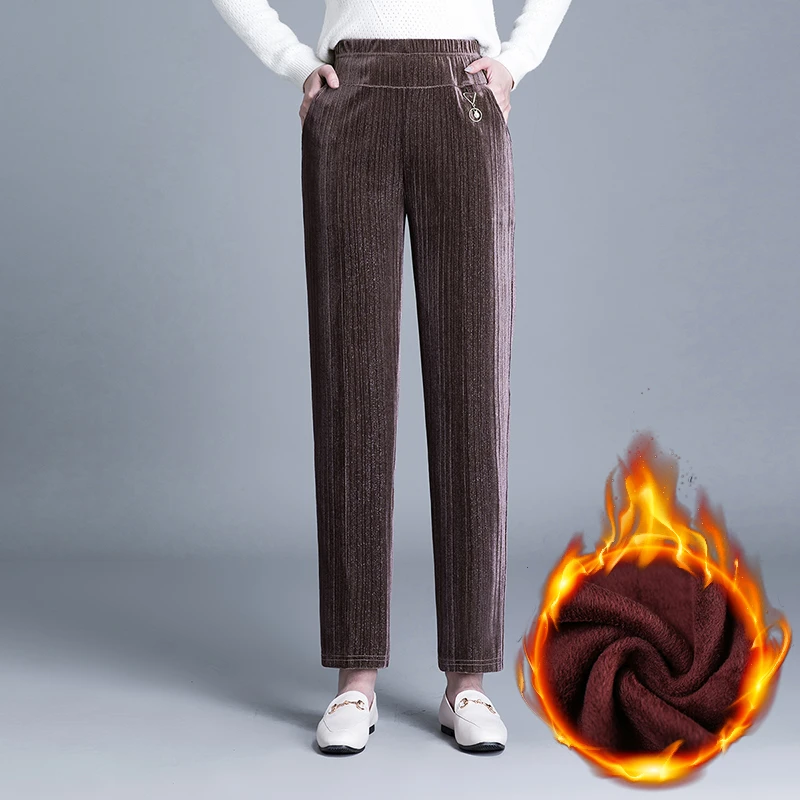 中老年妈妈装女裤加绒加厚休闲女装长裤宽松条绒秋冬高腰保暖丝绒