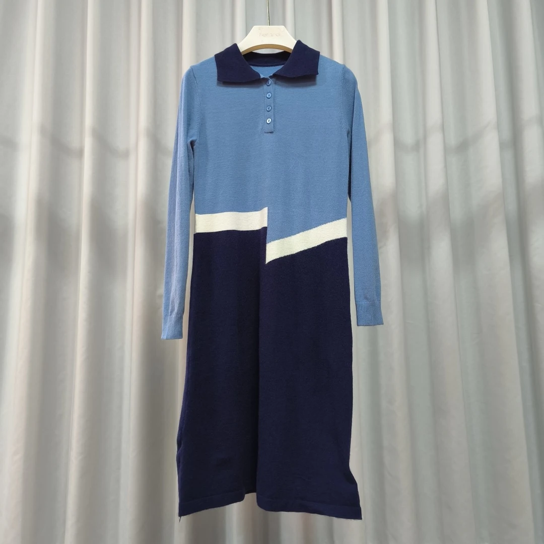 【德M】S637  女装时尚春秋撞色线衫连衣裙蓝色53542037010560102