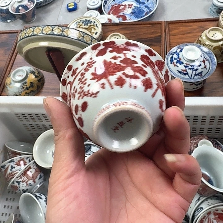 瓷片釉里红鱼藻主人杯景德镇