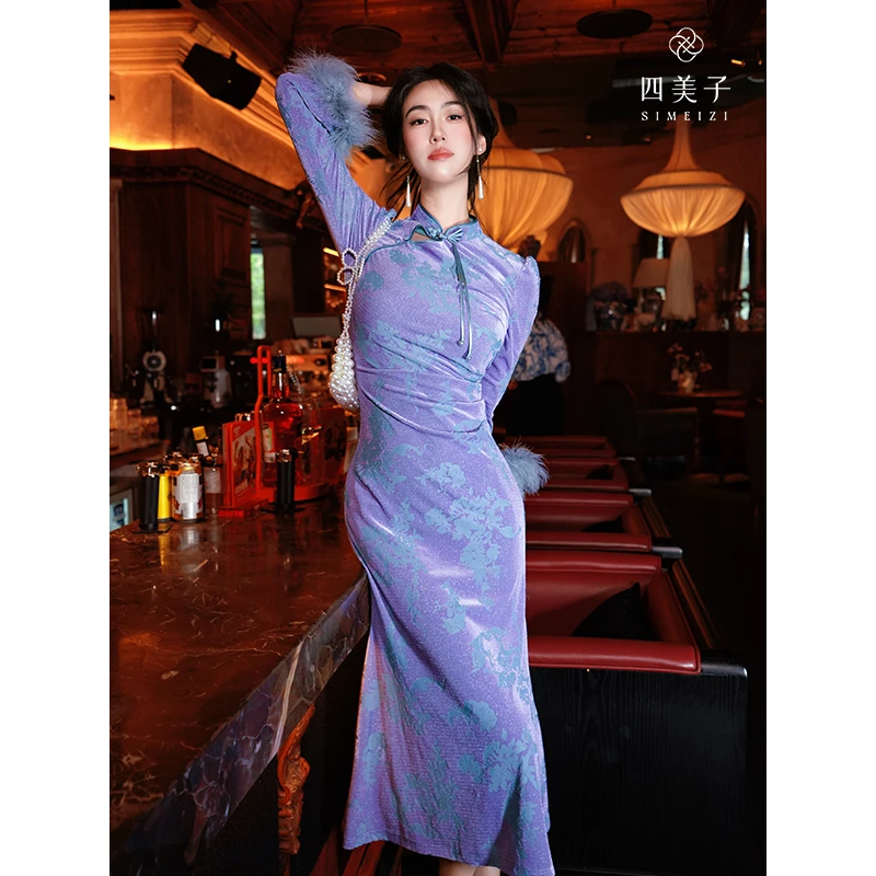 四美子【美人鲤】新中式高弹烧花丝绒旗袍裙夏季蓝色连衣裙修身长袖