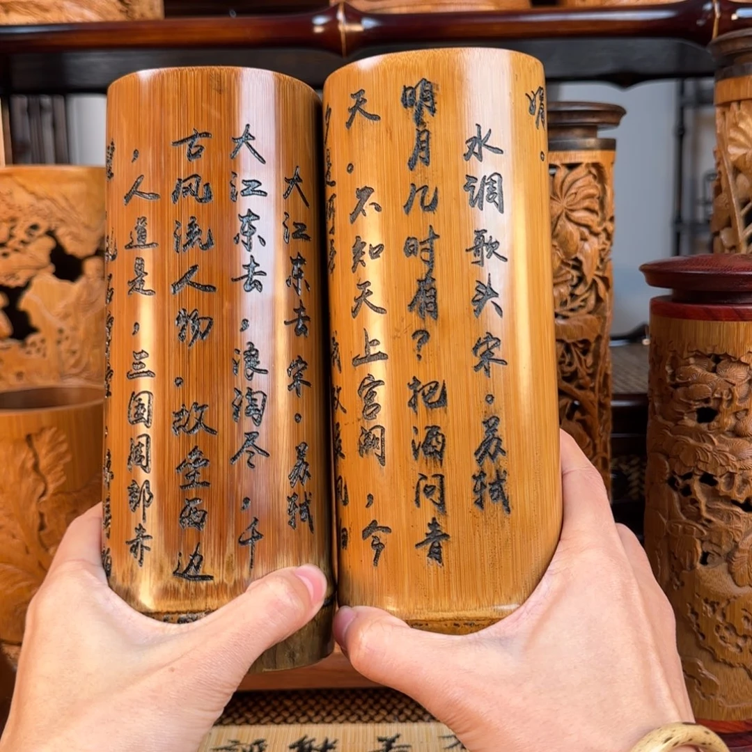 石***者手工竹雕笔筒四方筒