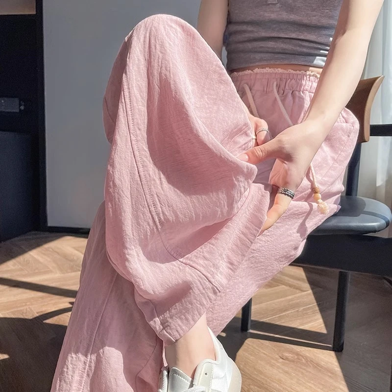 粉色天丝亚麻弯刀裤女夏季薄款多巴胺垂感直筒宽松休闲冰丝阔腿裤