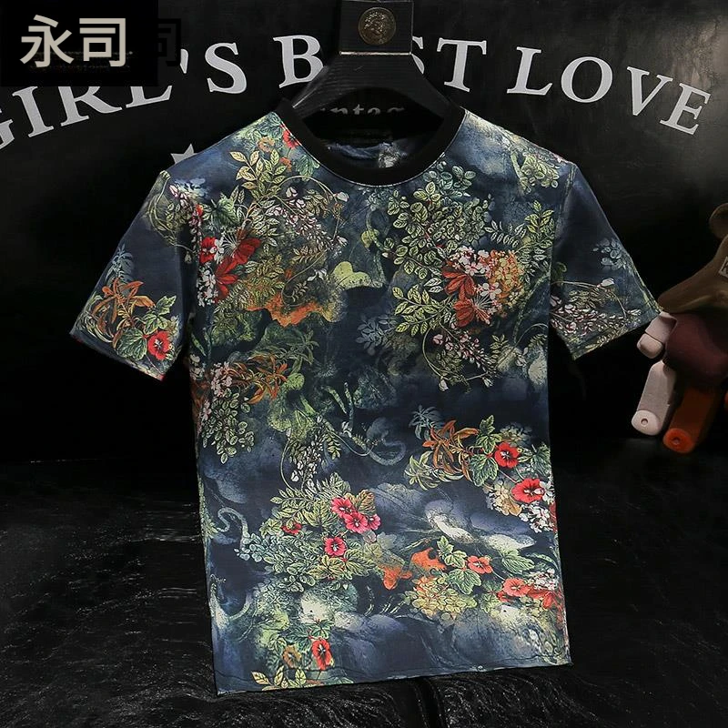 2025夏季新款复古印花短袖青年男士花色圆领t恤韩版薄款修身半袖