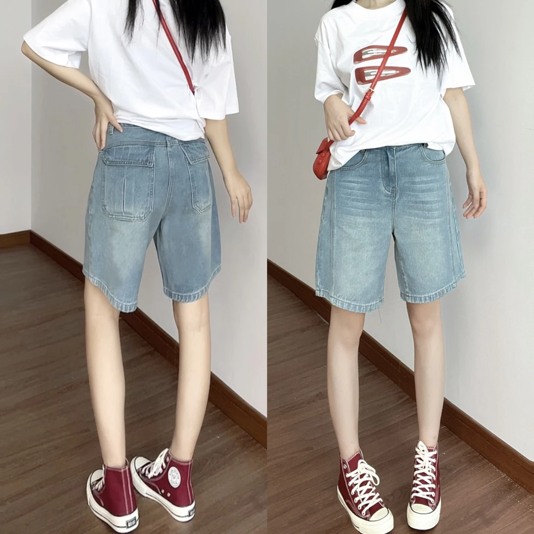 夏季高腰牛仔短裤女浅色薄款极简休闲牛仔裤阔腿显瘦小个子五分裤