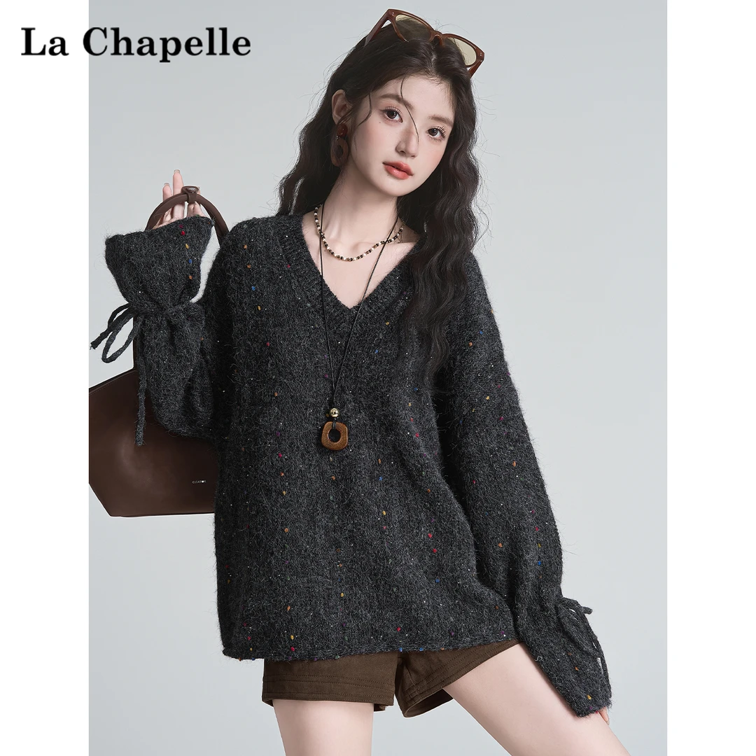 拉夏贝尔深灰色彩点V领喇叭袖长袖针织衫女秋季软糯百搭慵懒毛衣