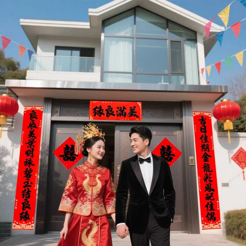 11言黑字背胶大对联结婚对联男方新婚女方出嫁农村自建房大门对联