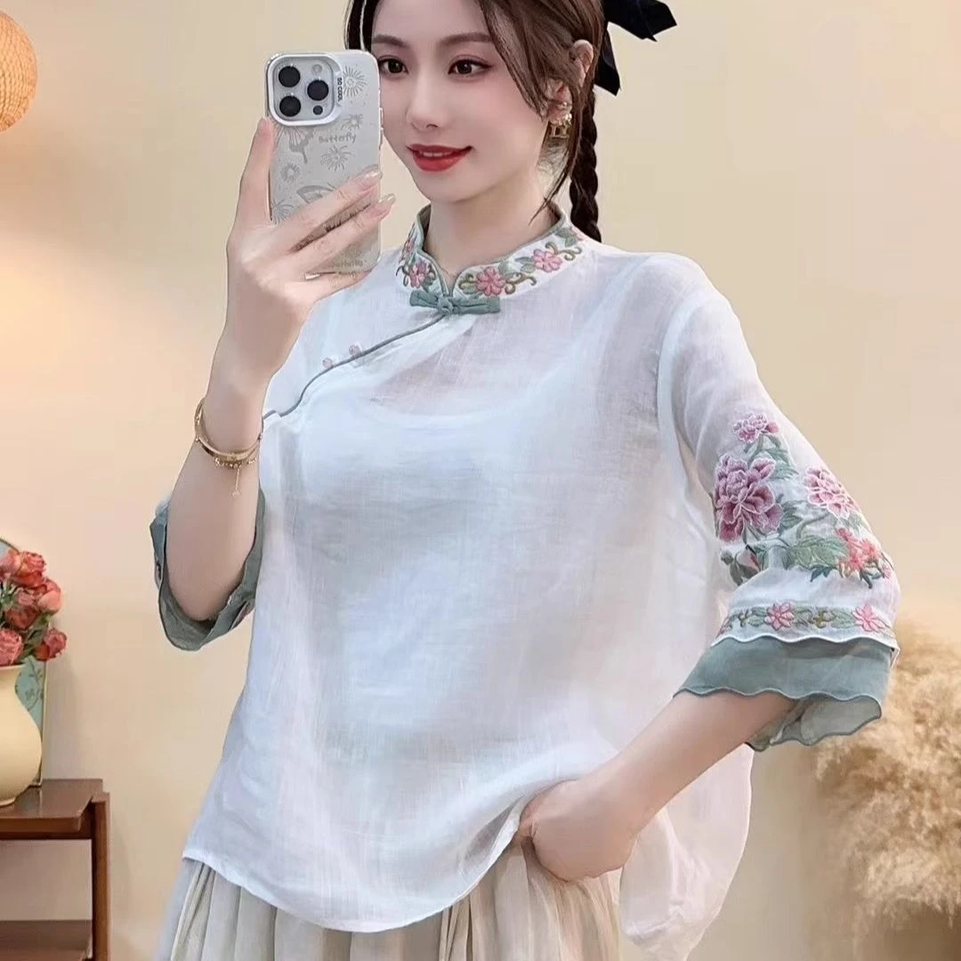 夏季新款中国风复古棉麻衬衫上衣新中式立领盘扣斜襟绣花复古盘扣