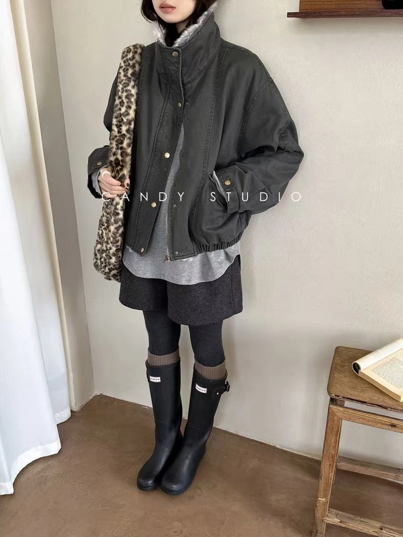 女直下摆极简风慵懒风短外套休闲设计师立领加绒(7766)