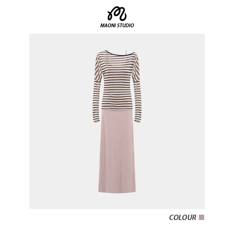 毛妮LADIESFIRST【巧思少女】早秋条纹斜肩长袖T恤+吊带连衣裙L2214