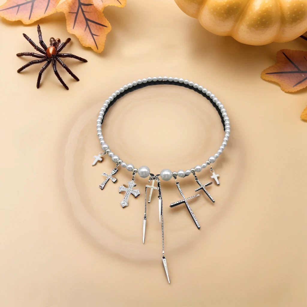 合金仿珍珠项链 辣妹十字架流苏项圈女时尚春季串珠设计高级感
