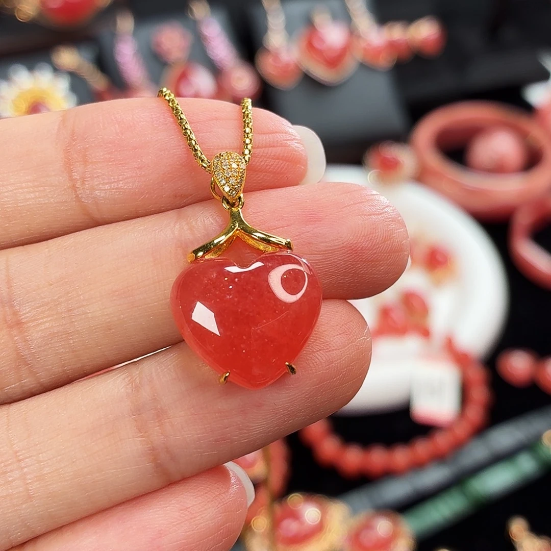 菱锰矿（红纹石）18K金镶嵌吊坠(不含链)