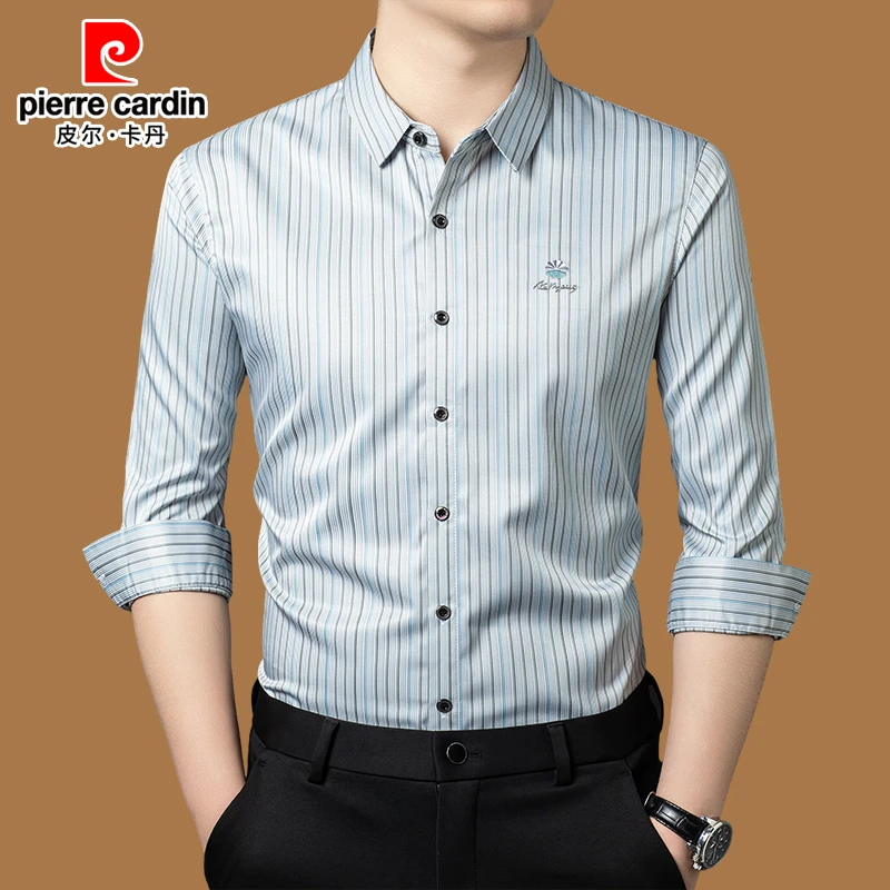皮尔卡丹正品男士长袖衬衫春秋免烫条纹休闲中年高档商务保暖衬衣