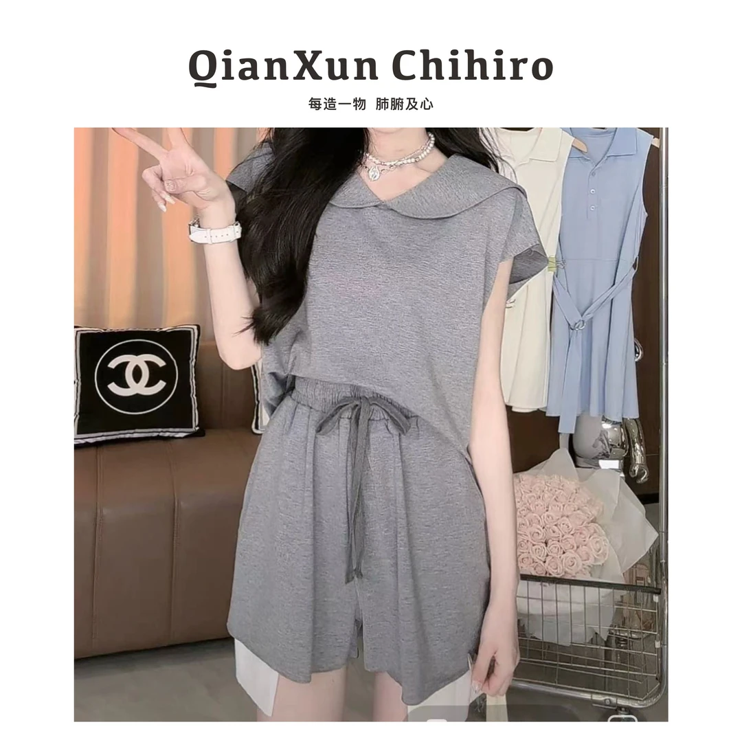 「格雷系慵懒」灰色休闲海军领短袖上衣配松紧腰短裤套装X4TZ6462A