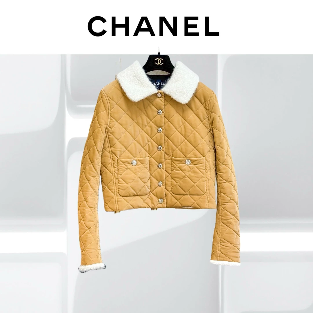 99新 Chanel/香奈儿 34码 卡其色拼泰迪毛 长袖 短款 外套