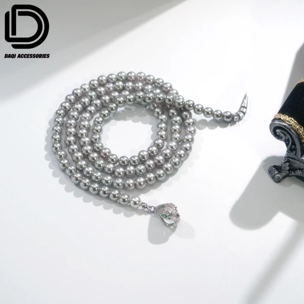 铜合金仿珍珠项链 05086大琦原创蛇年新款银灰色珠珠长款蛇毛衣链