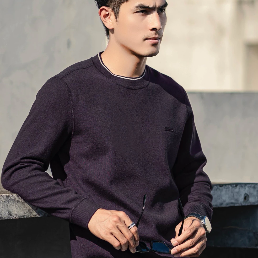 提花加绒羊毛衫秋冬季男士上衣加厚冬季保暖圆领打底针织衫毛衣