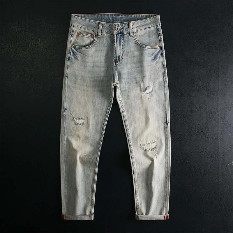 薄款破洞牛仔裤男修身小直筒弹力水洗磨破补丁欧洲站高端复古百搭