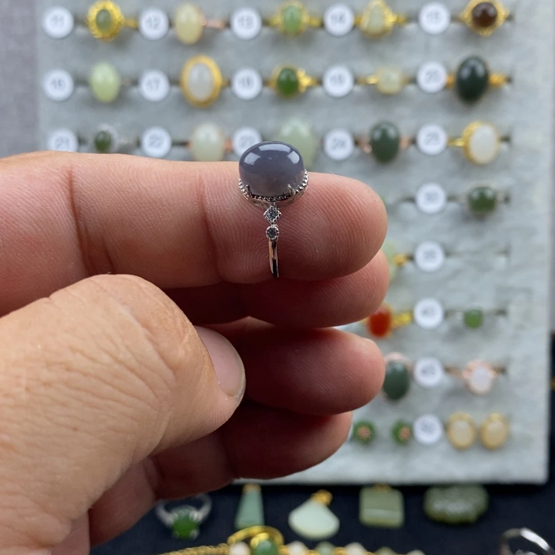 和田玉（青玉）戒指银S925镀金镶嵌