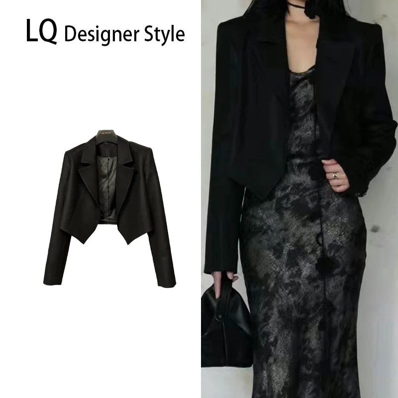 【Q-俏俏】25春款设计感时尚黑色短款气质小西装外套01013