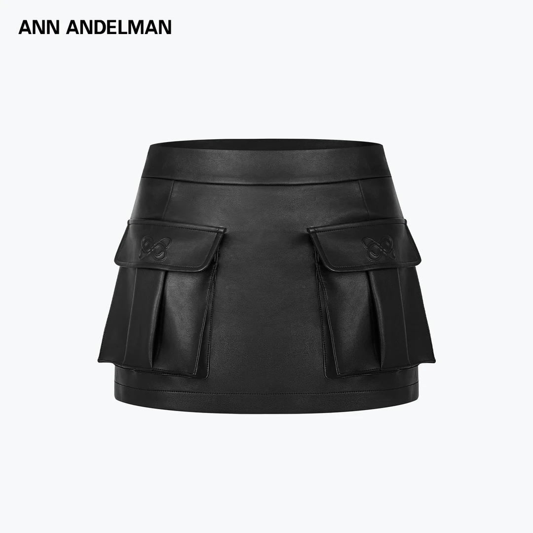 ANN ANDELMAN 25秋 时尚设计黑色百搭大口袋工装皮裙
