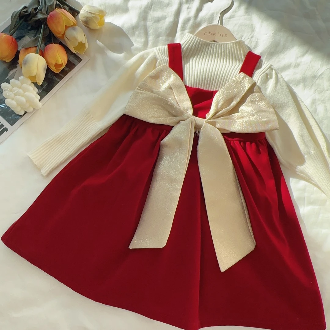 HHkids女童年服红色连衣裙公主裙蝴蝶结韩版加厚背心裙套装ETZ463
