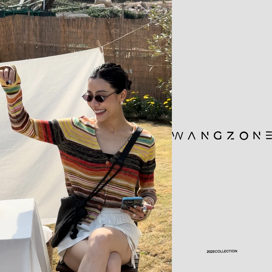 WANG ZONE丨早春新款多巴胺浪漫法式彩虹条纹针织开衫
