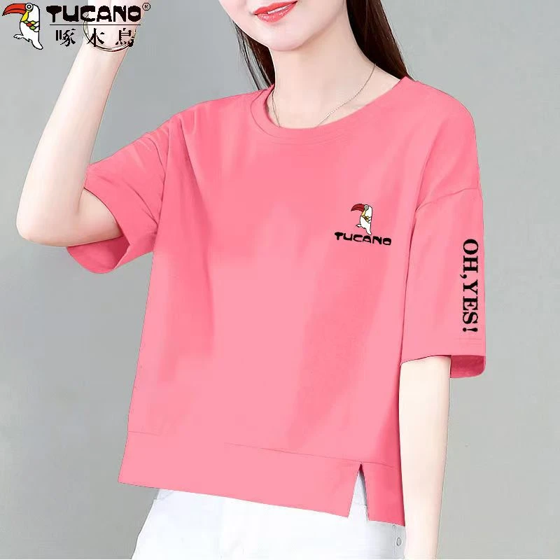 啄木鸟正品2025夏季纯棉短袖女时尚百搭宽松显瘦圆领短款洋气上衣