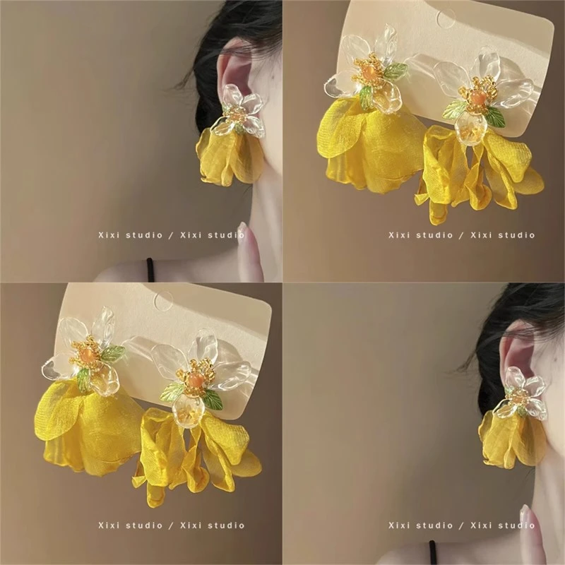 合金布艺耳饰 波波里晚风 超仙法式雪纺花朵流苏耳夹无耳洞耳饰女