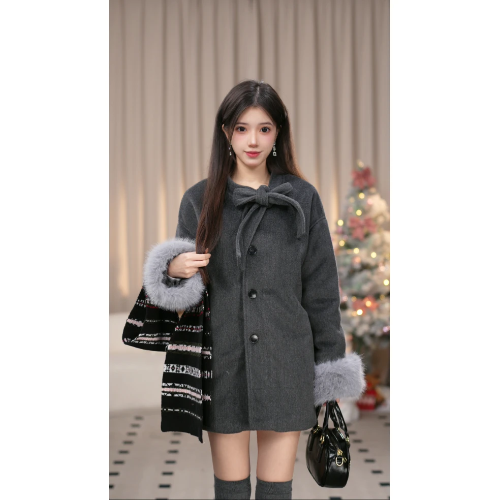 【陈天睡大觉】冬季赫本风灰色高级感中长款蝴蝶结洋气小个子外套