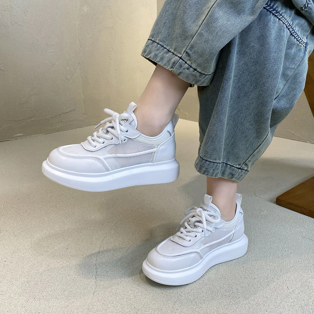 小白鞋女真皮时尚百搭厚底板鞋镂空透气网面鞋系带休闲鞋T6761-01