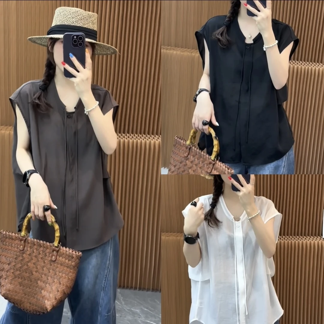 【NINI-衣橱】2025新款百搭圆领系带无袖衬衫上衣