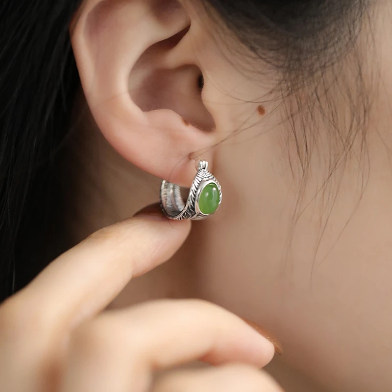<一禅兄>S925银复古做旧和田碧玉蛋面羽毛耳钩耳环 多样性