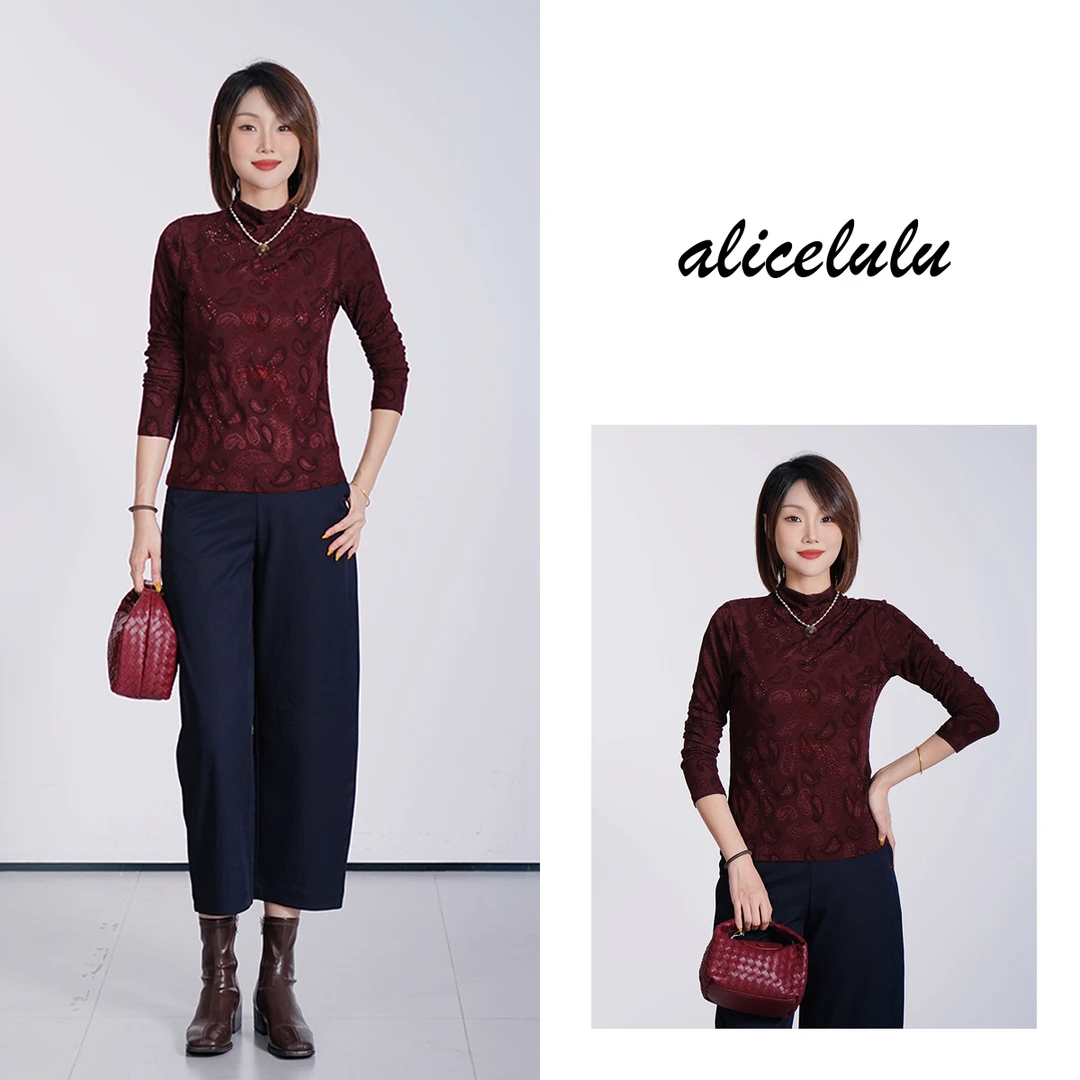 [alicelulu]洋气时髦通勤半高领烫钻腰果花打底衫S2144832T