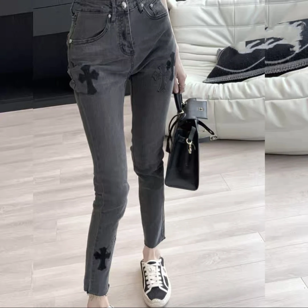爆款欧货十字架紧身牛仔裤高腰弹力小个子M25（77623）