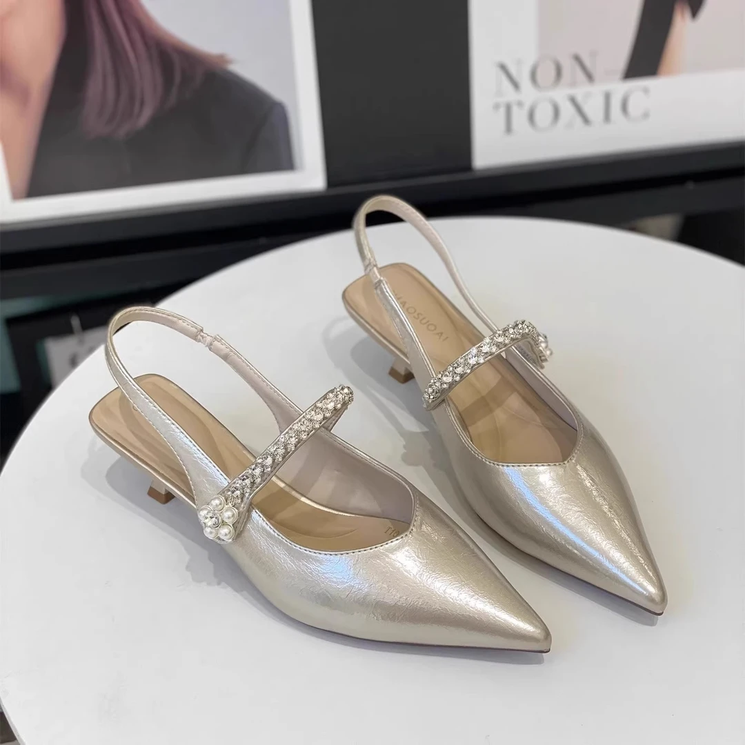 法式水钻带浅口细跟包头凉鞋女2025夏季新款气质尖头百搭后空单鞋