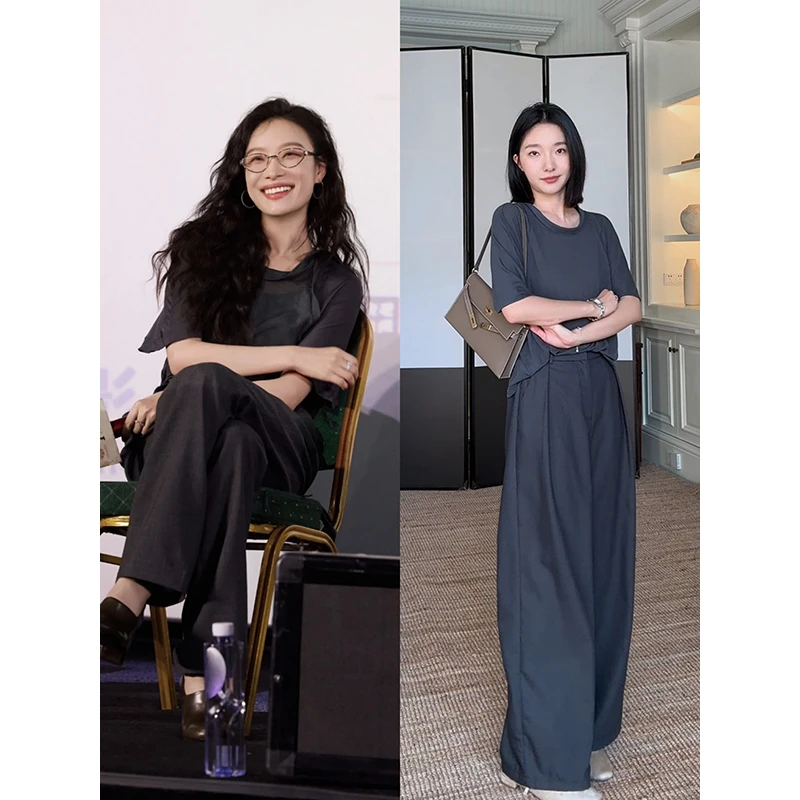 郭九九呢 天丝羊毛慵懒高知风拼接短袖上衣百搭西装裤 G925A10144