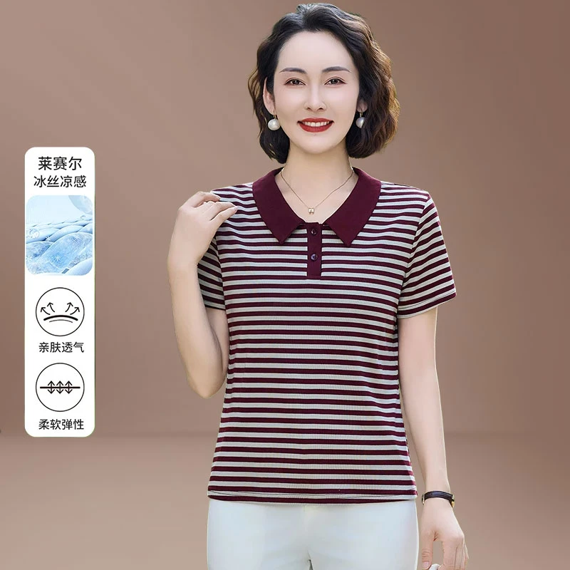 品牌运动POLO衫中老年妈妈夏装条纹上衣时尚宽松减龄翻领套T恤衫