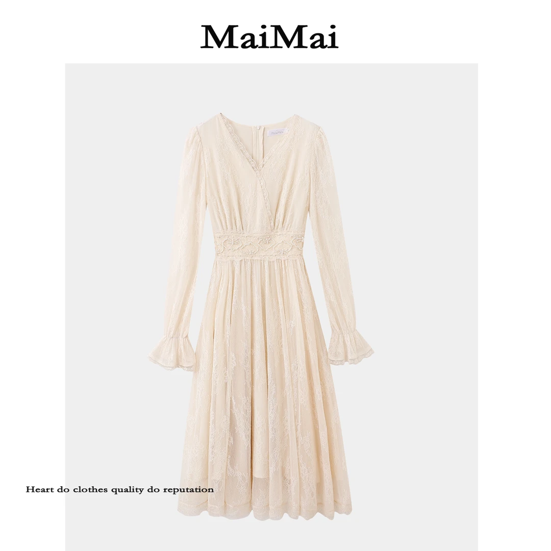 【瑶仙乐曲】Mai Mai◆小众蕾丝少女风秋季连衣裙不褪色高弹力泡泡袖