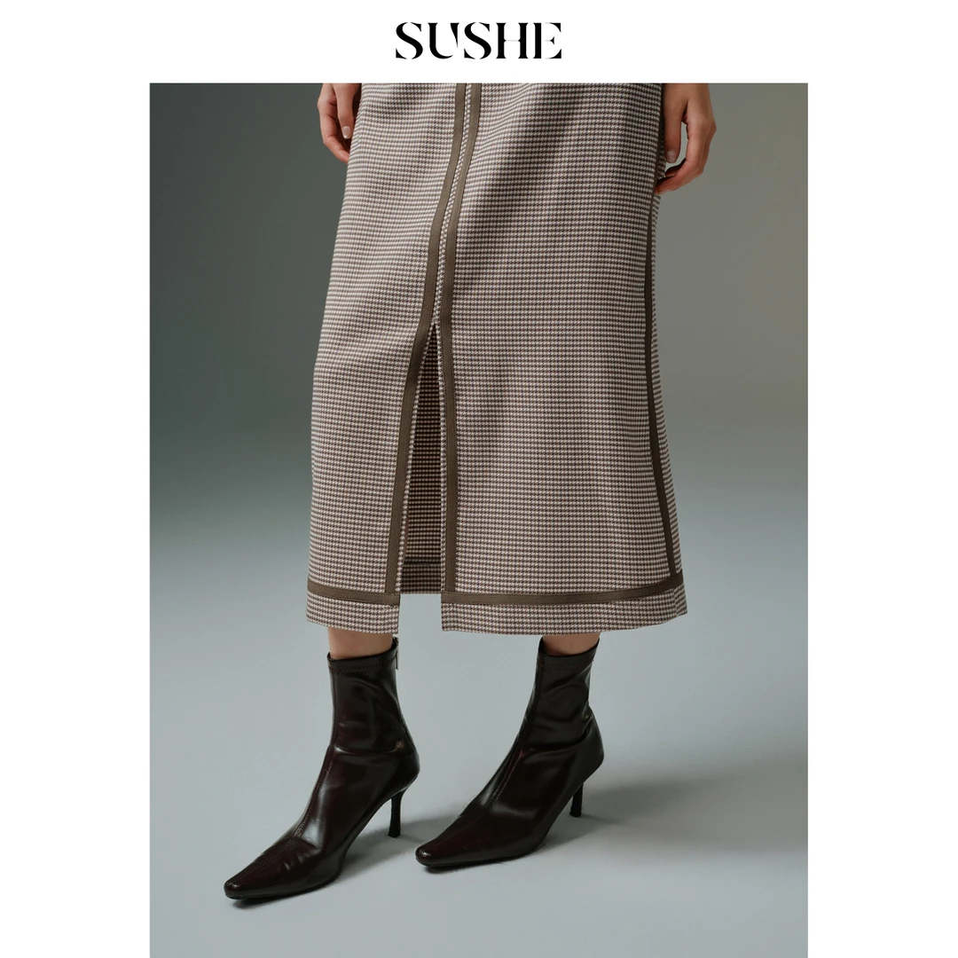 束皙SUSHE 丘逸 复古英伦风 银丝千鸟格撞色织带直筒开衩半身裙女