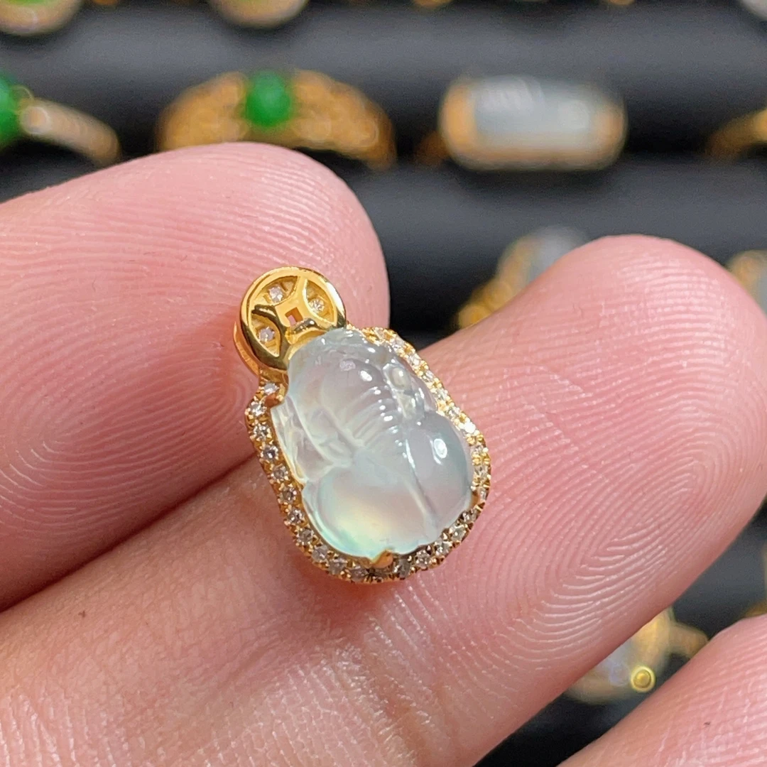 18K金天然翡翠A货-高冰貔貅吊坠K黄1580镶嵌钻石珠宝玉石挂件