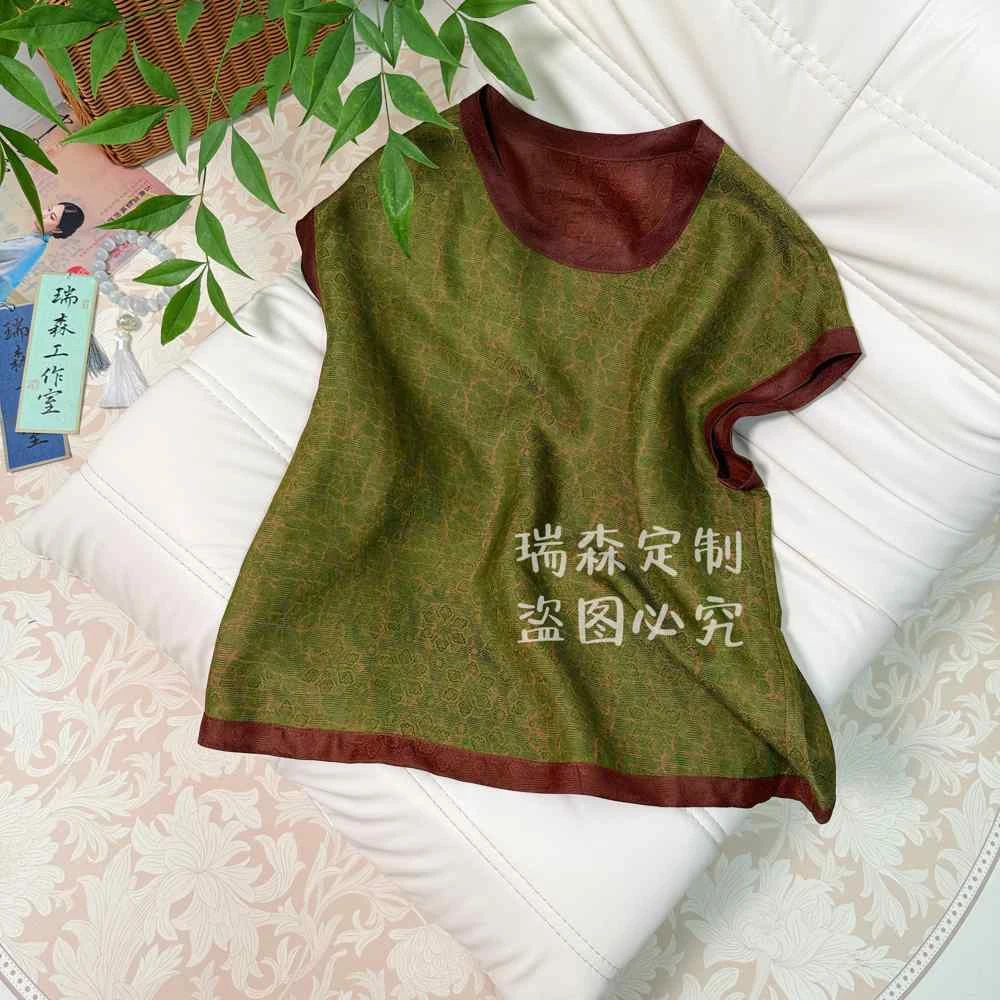 630 桑蚕丝圆领花萝背心T恤上衣-胸围98-衣长52