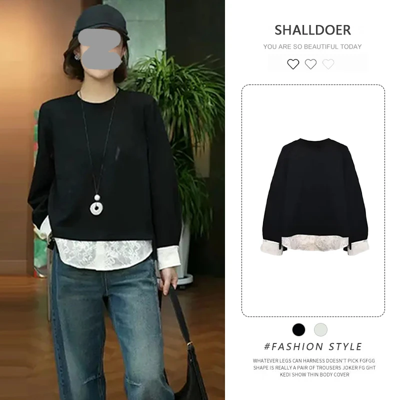 港风复古假两件长袖t恤女2025春秋新款蕾丝拼接宽松百搭打底上衣